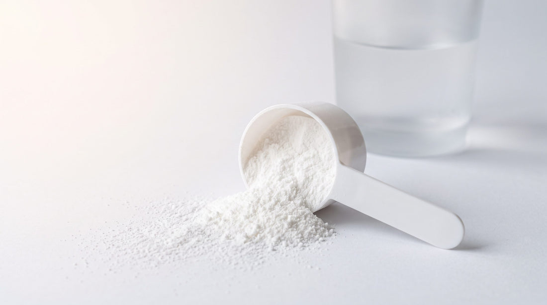 A white measuring scoop heaped with unflavoured creatine monohydrate powder on a paper-white ground beside a plain glass of water