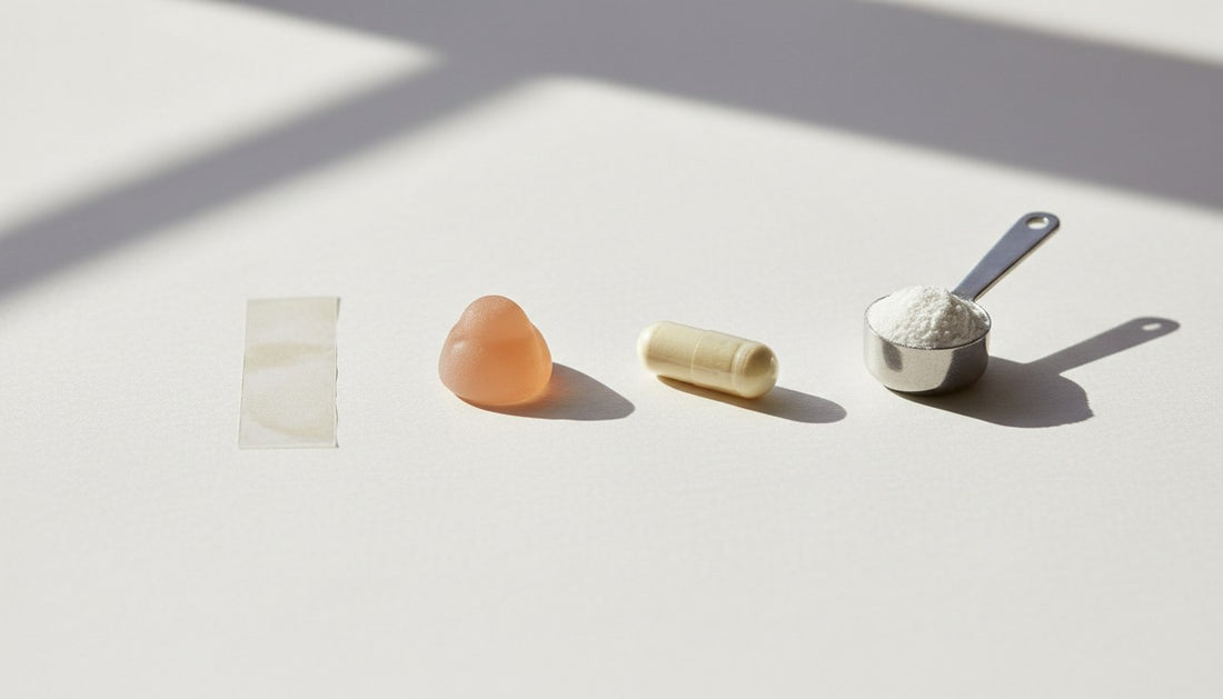 Oral strips, gummies, capsules and a scoop of protein powder arranged on a paper-white surface in soft daylight, showing four supplement formats side by side