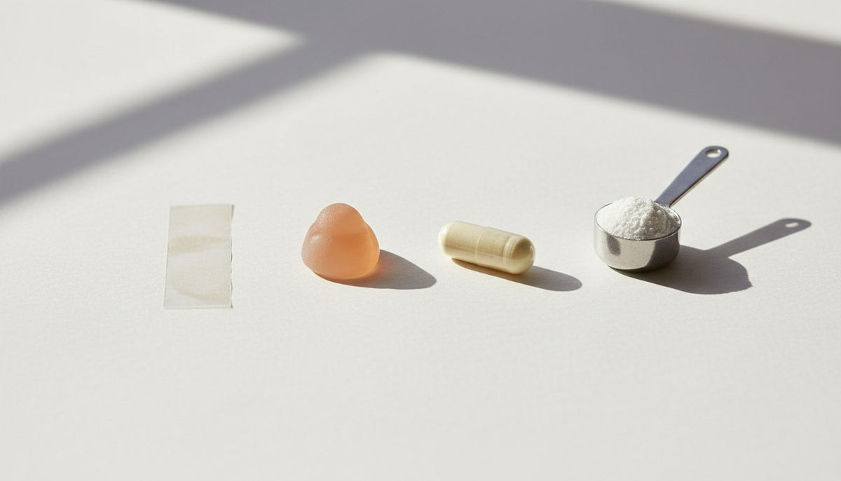 Oral strips, gummies, capsules and a scoop of protein powder arranged on a paper-white surface in soft daylight, showing four supplement formats side by side
