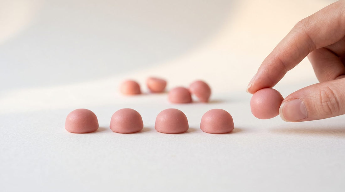 A row of plain pastel gummies on a paper-white surface in soft daylight, for working out the creatine gummies dose per serving from a Supplement Facts panel