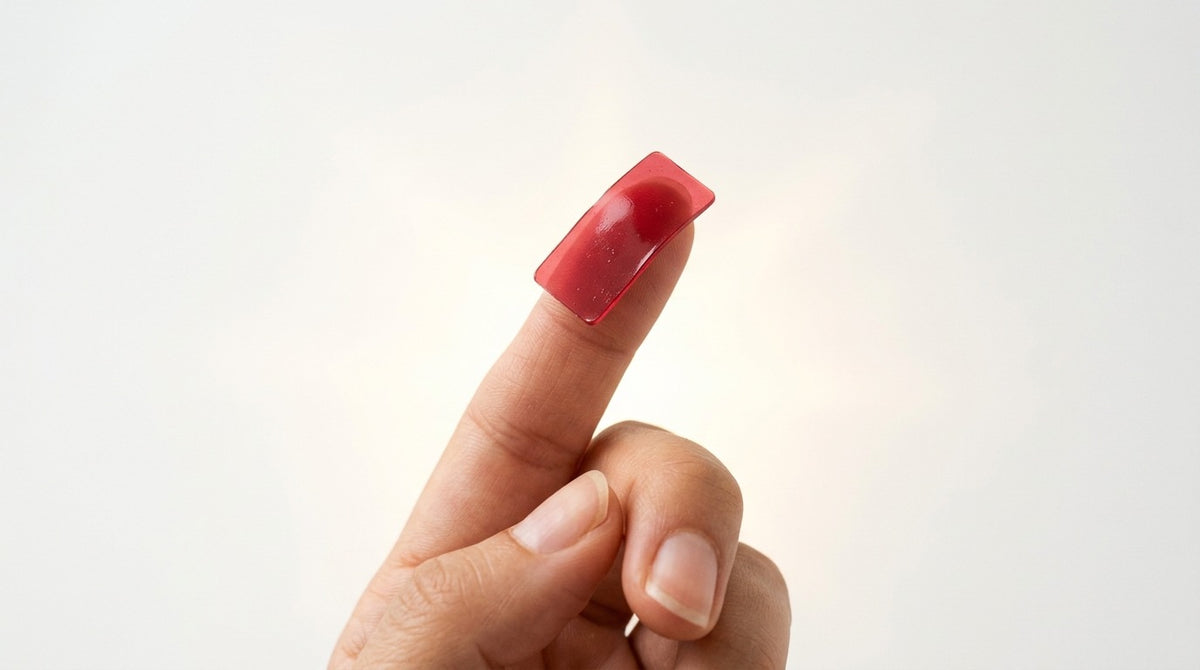 A single cranberry-red Vantyx oral strip resting on a fingertip in soft daylight, showing how an oral supplement strip is placed on the tongue to dissolve