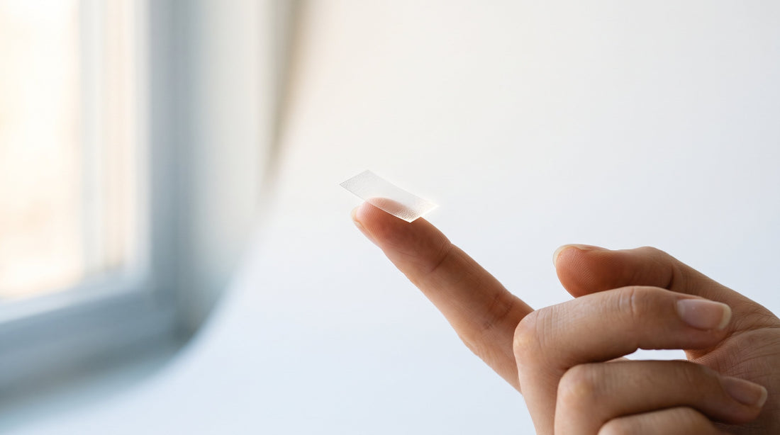 A single translucent Vantyx oral energy strip held at a fingertip on a paper-white surface in soft daylight, the format that dissolves in about 30 seconds with no water
