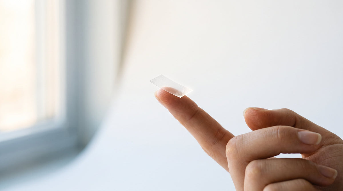 A single translucent Vantyx oral energy strip held at a fingertip on a paper-white surface in soft daylight, the format that dissolves in about 30 seconds with no water