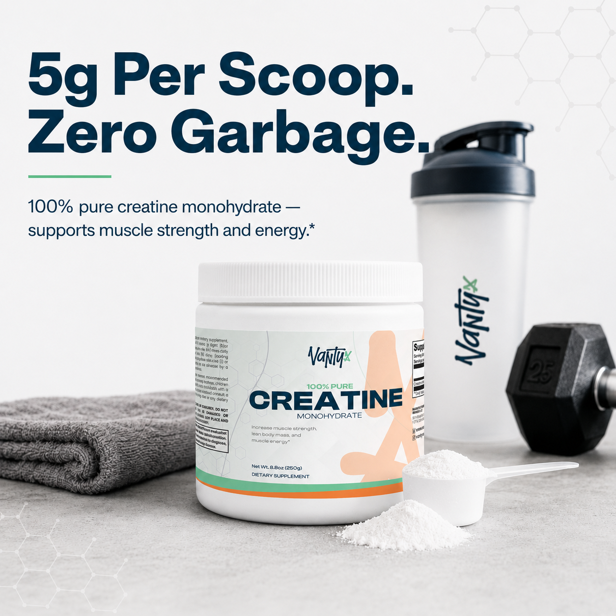Creatine Monohydrate 100% Pure Vantyx — 5g per Scoop · 250g (50 Servings) · Unflavored