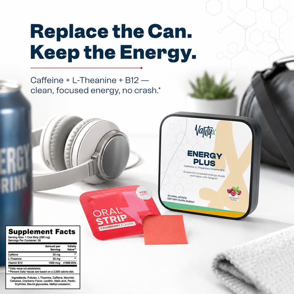 Energy Plus Strips Vantyx — Caffeine + L-Theanine + B12 Oral Strips · 30 Cranberry Strips