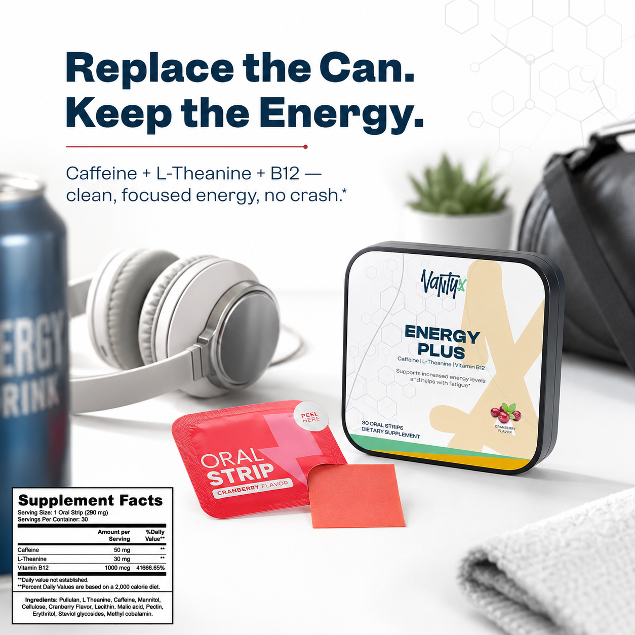 Energy Plus Strips Vantyx — Caffeine + L-Theanine + B12 Oral Strips · 30 Cranberry Strips