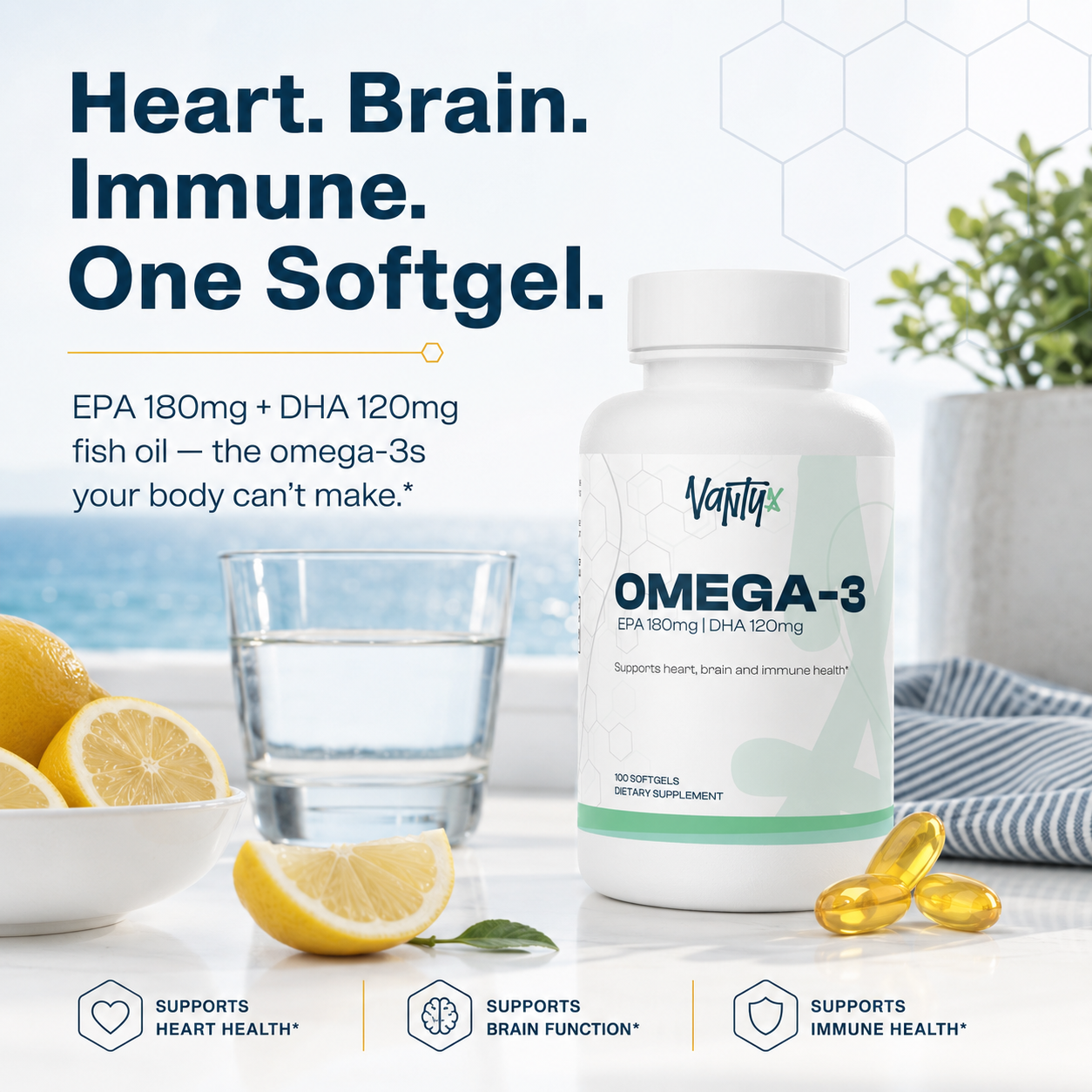 Omega-3 Fish Oil 1,000mg — EPA 180mg + DHA 120mg · Heart, Brain & Immune · 100 Softgels