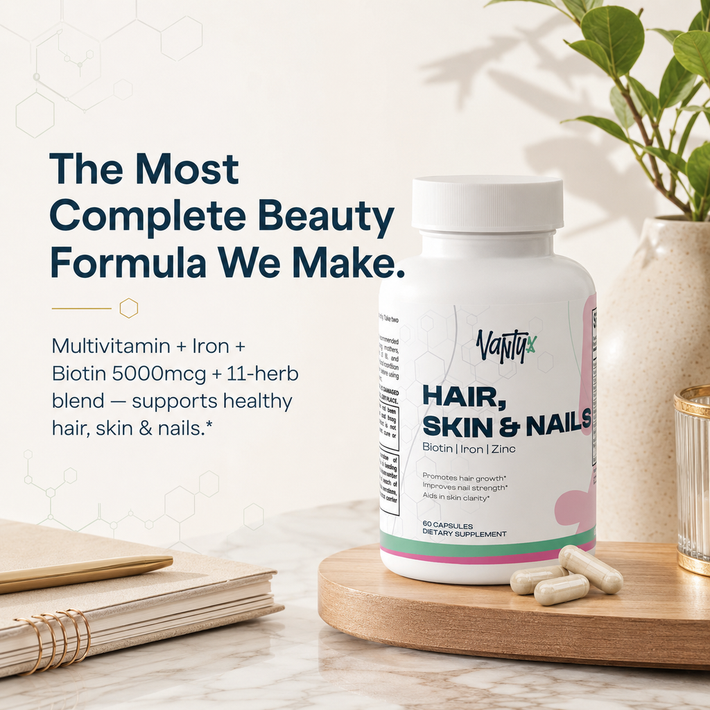 Hair, Skin & Nails Essentials Vantyx — Multivitamin + Iron + Biotin 5000mcg + Botanical Blend · 60 Capsules