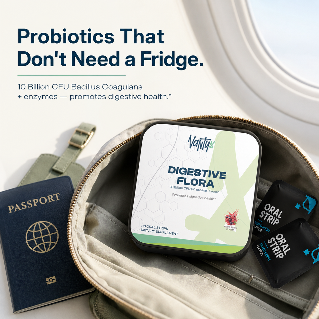 Digestive Flora-MAX Gut Health Strips Vantyx — 10 Billion CFU Bacillus Coagulans + Enzyme Blend · 30 Mixed Berry Oral Strips