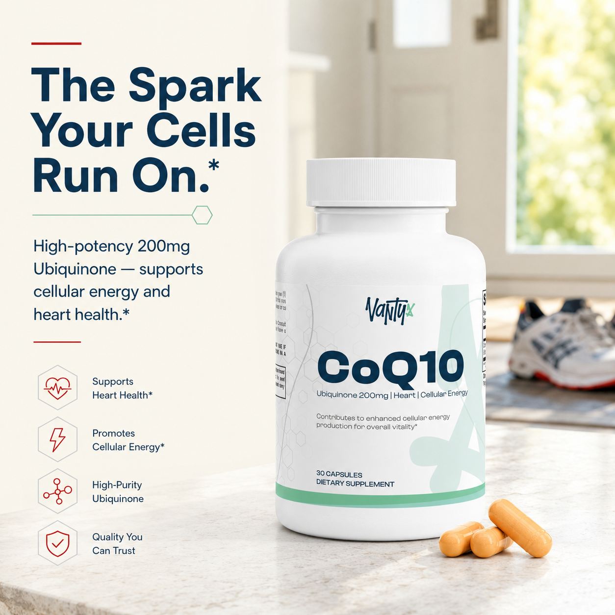 CoQ10 200mg Ubiquinone — High-Potency Once-Daily Capsules · 30 Count