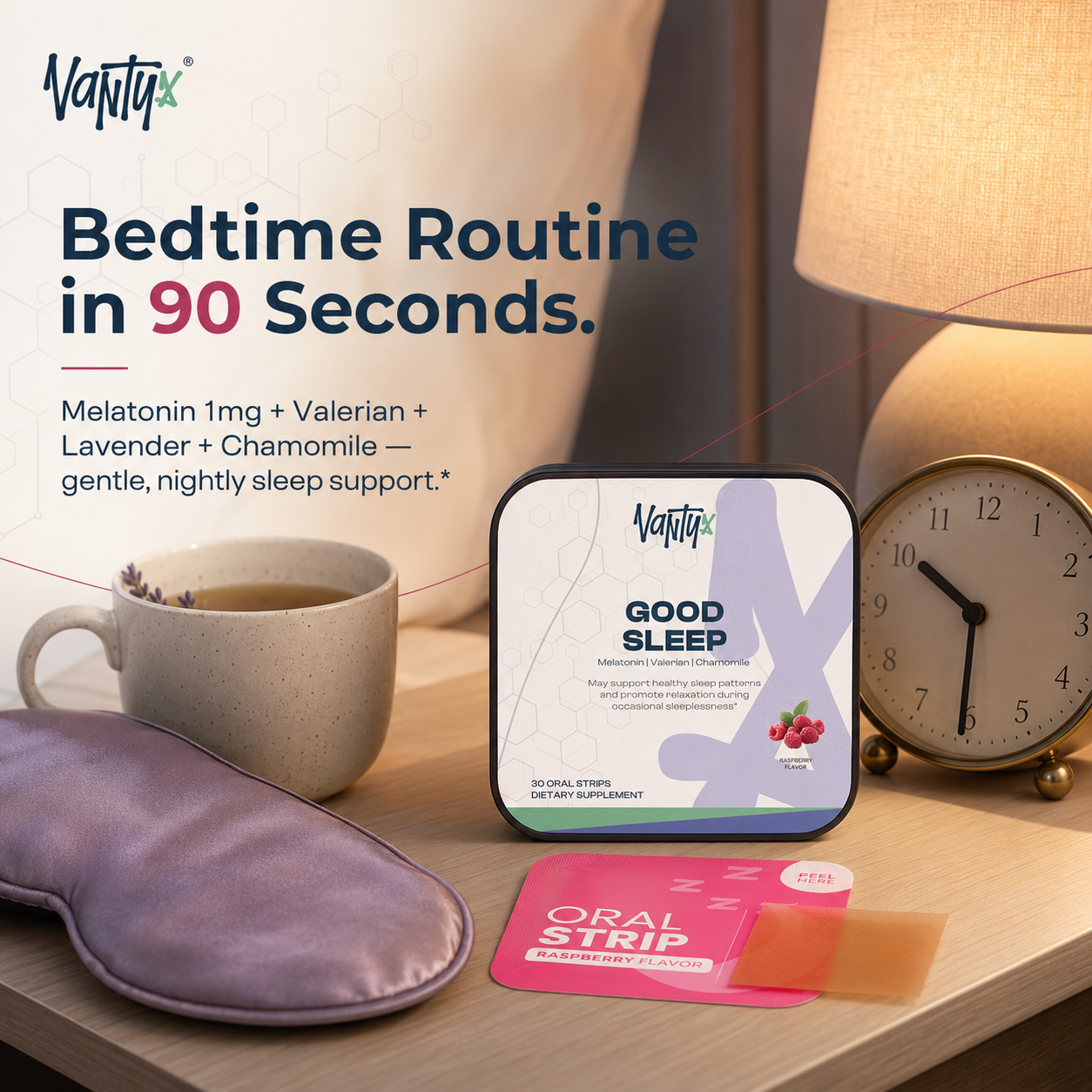 Good Sleep Strips Vantyx — Melatonin + Valerian + Lavender + Chamomile · 30 Raspberry Oral Strips