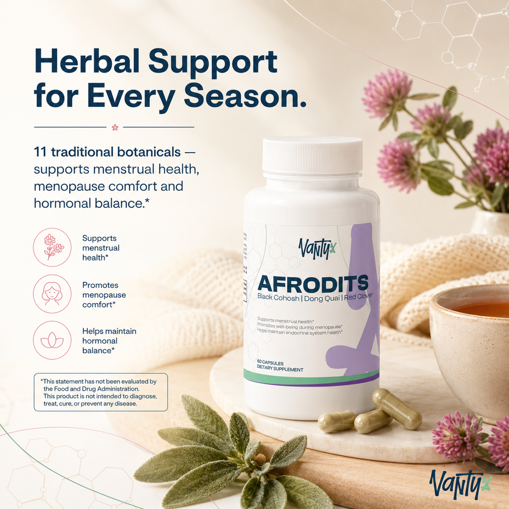 Vantyx Afrodits — Black Cohosh, Dong Quai, Red Clover & Chasteberry Blend · 60 Capsules