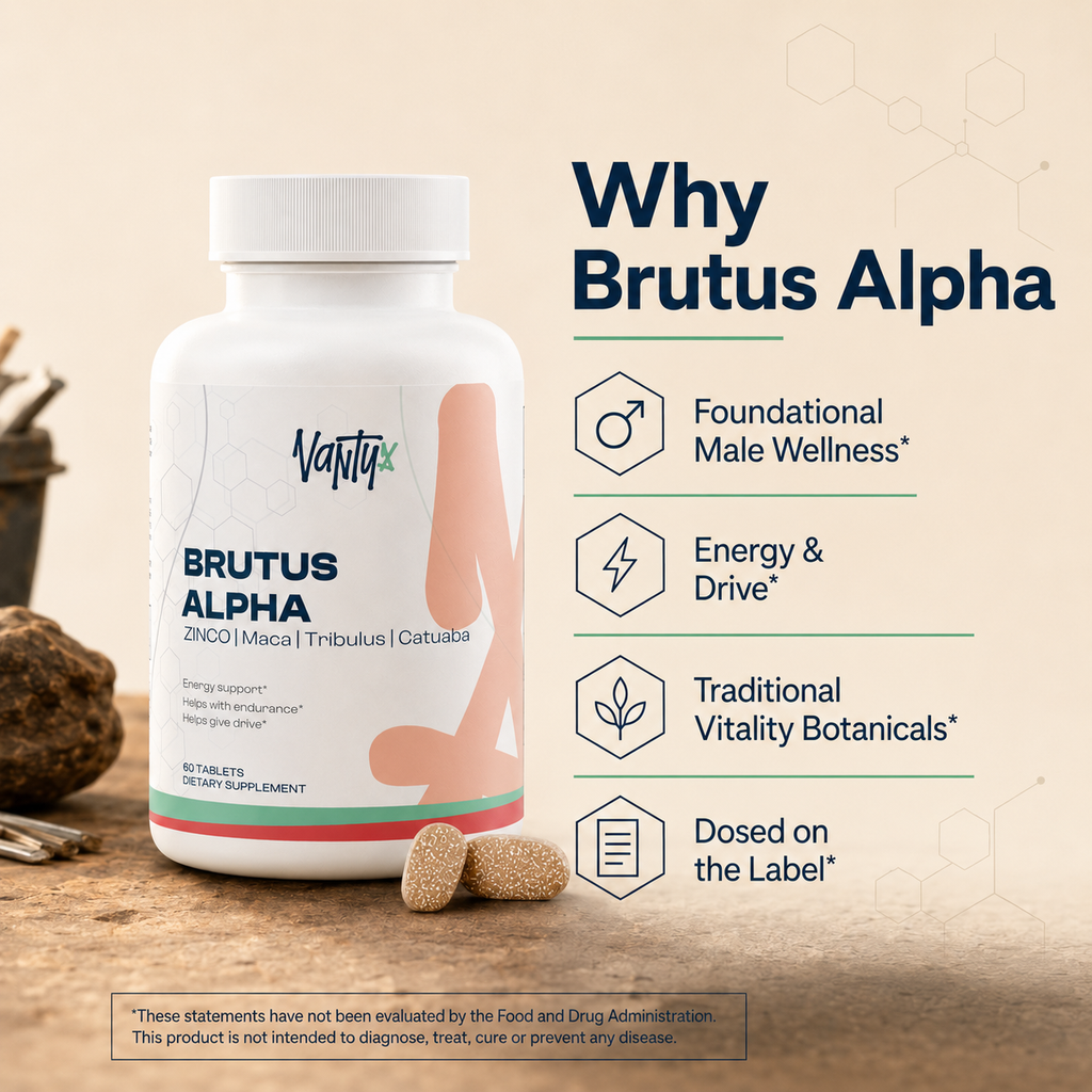 Brutus Alpha Vantyx — Men's Vitality Tablets with Tongkat Ali, Maca, Tribulus & Zinc · 60 Tablets