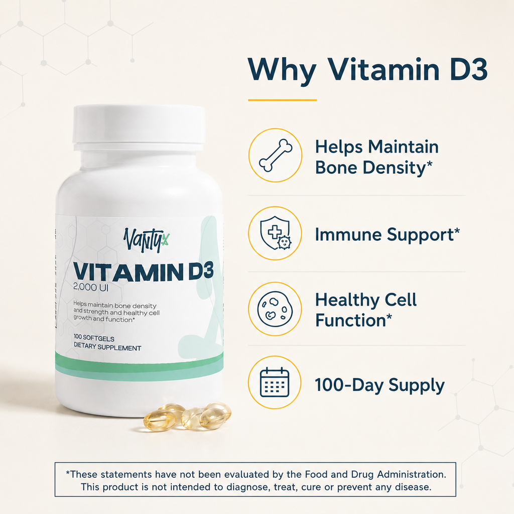 Vitamin D3 2,000 IU Vantyx — Bone, Immune & Daily Wellness · 100 Softgels (100-day supply)