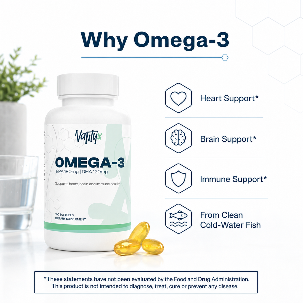 Omega-3 Fish Oil 1,000mg — EPA 180mg + DHA 120mg · Heart, Brain & Immune · 100 Softgels