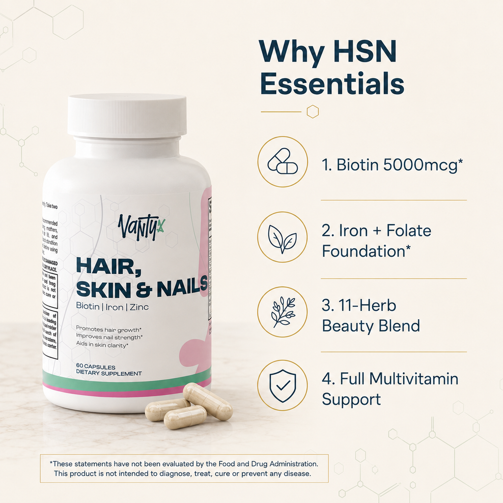 Hair, Skin & Nails Essentials Vantyx — Multivitamin + Iron + Biotin 5000mcg + Botanical Blend · 60 Capsules