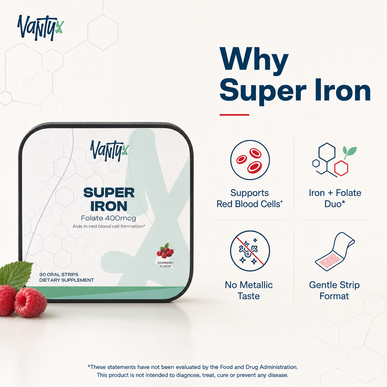 Super Iron Oral Strips Vantyx — Iron + Folate · 30 Raspberry Oral Strips
