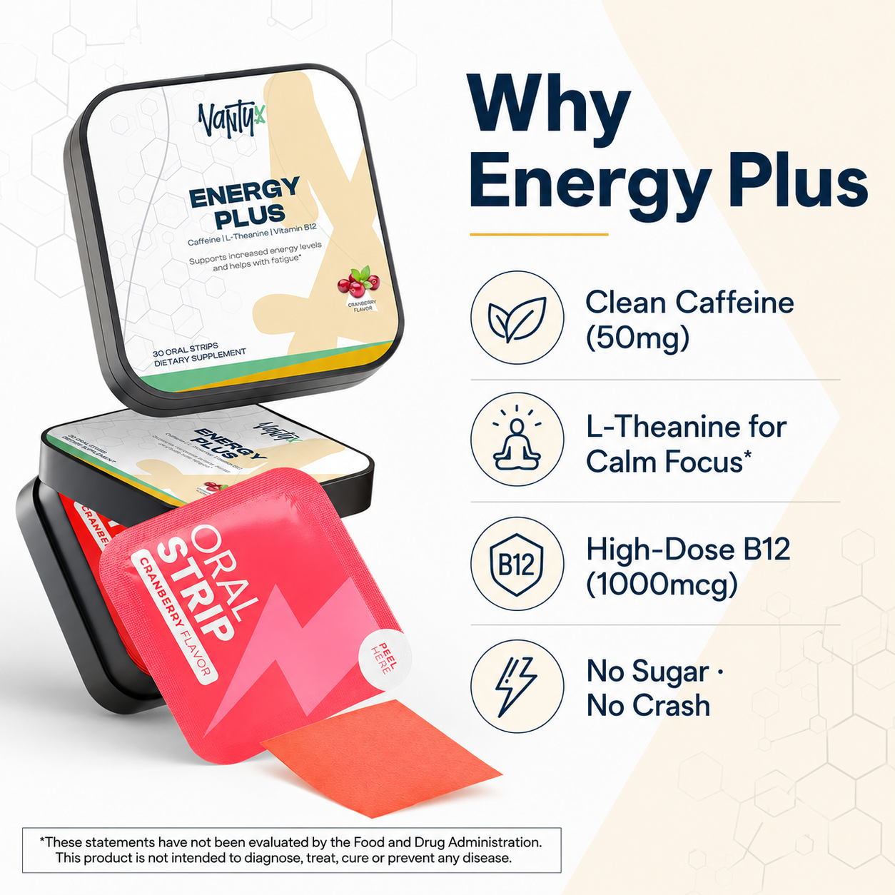 Energy Plus Strips Vantyx — Caffeine + L-Theanine + B12 Oral Strips · 30 Cranberry Strips