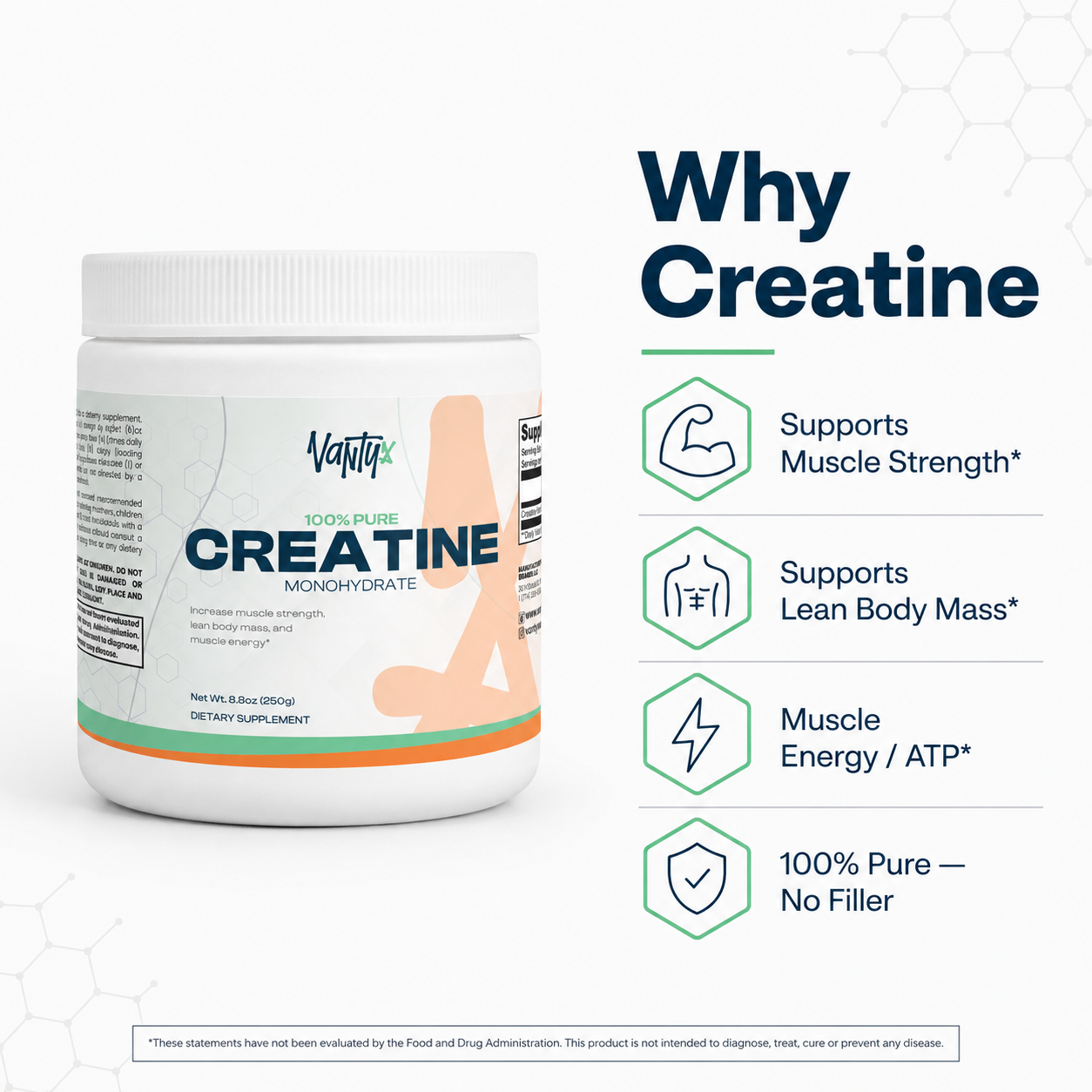 Creatine Monohydrate 100% Pure Vantyx — 5g per Scoop · 250g (50 Servings) · Unflavored