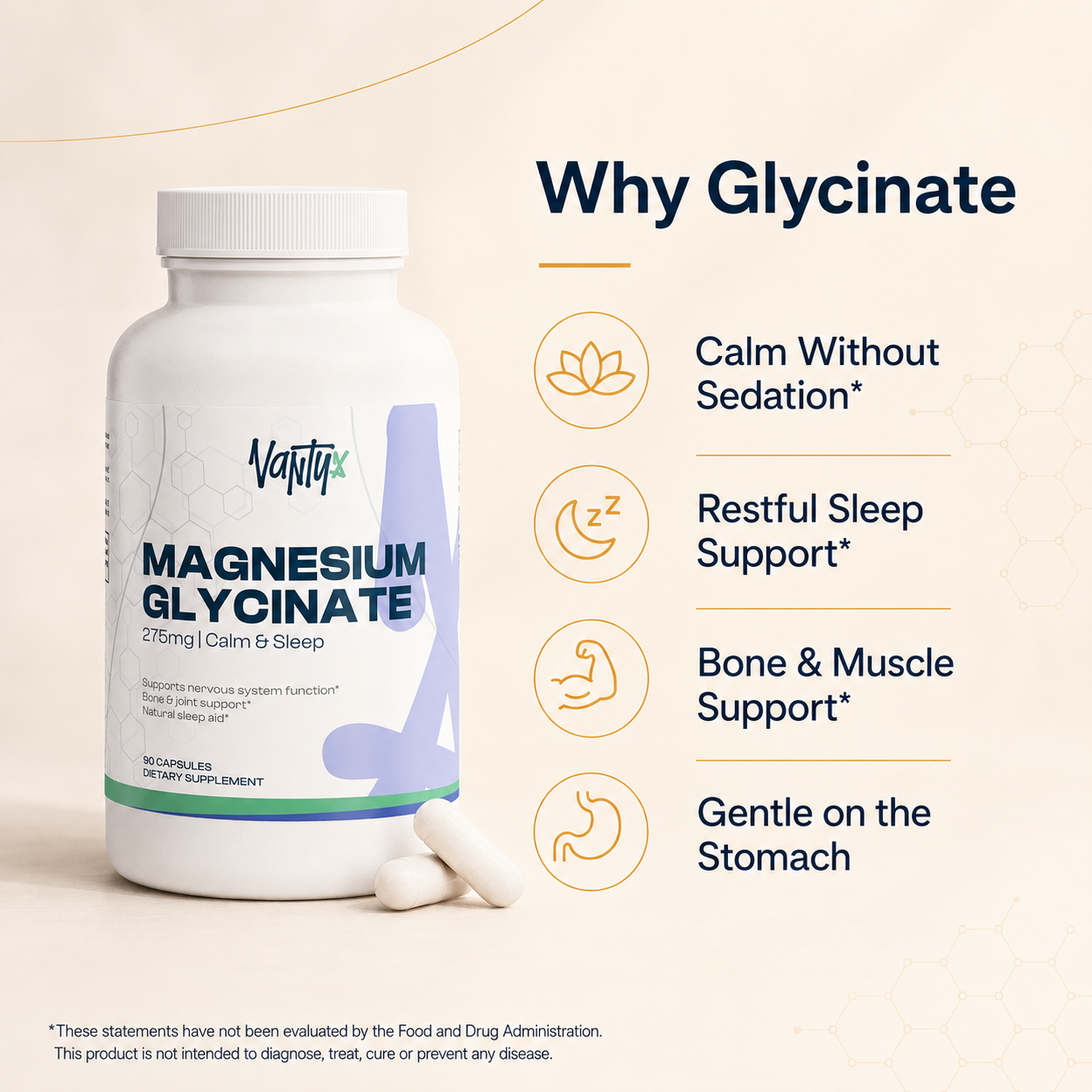 Magnesium Glycinate 275mg — Fully Chelated, High-Absorption Formula · 90 Capsules
