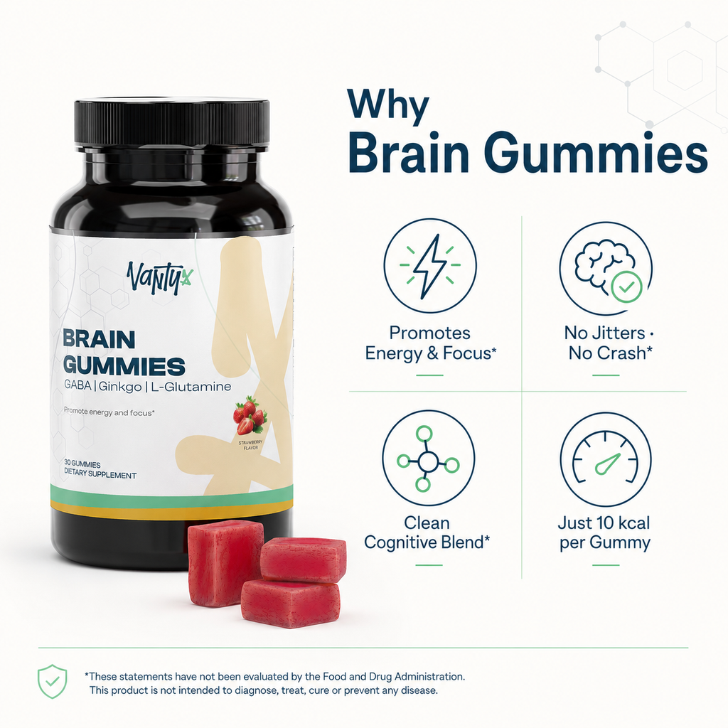 Brain Gummies Vantyx — Complejo energético de Cordyceps con GABA, Ginkgo y DMAE · 30 gomitas de fresa
