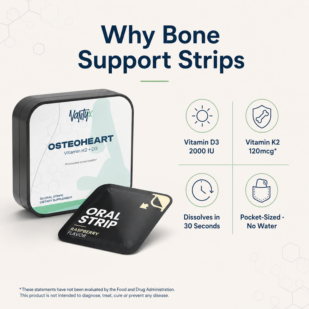 Osteoheart Bone Support Strips Vantyx — Vitamin D3 2000 IU + K2 120mcg · 30 Raspberry Oral Strips