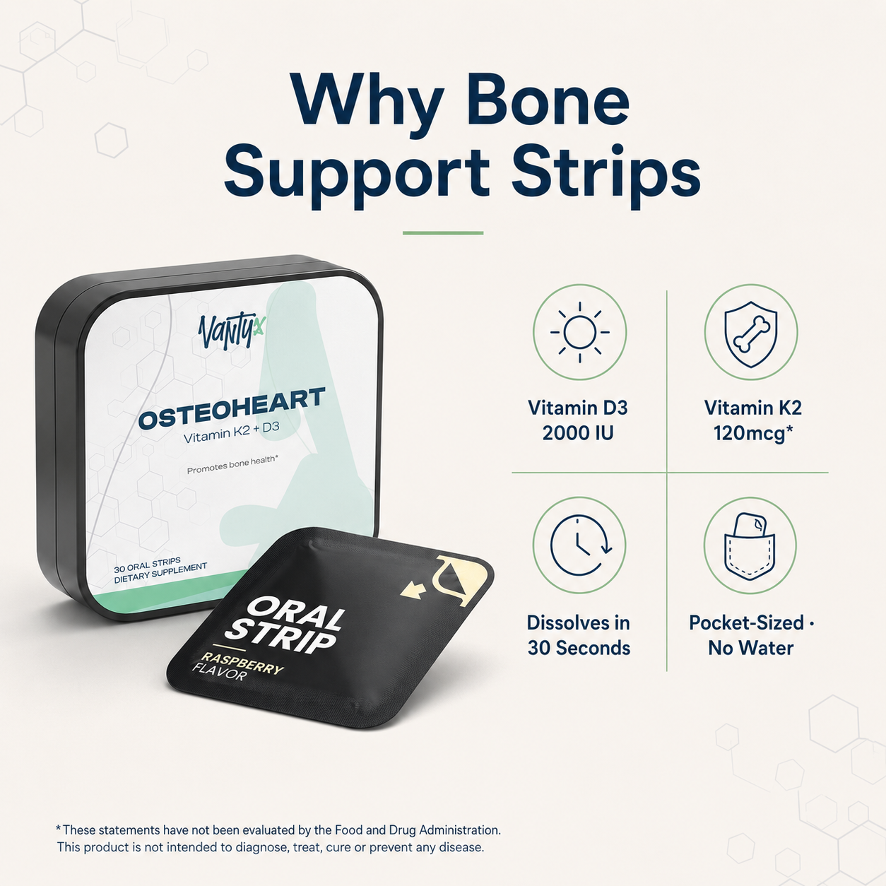 Osteoheart Bone Support Strips Vantyx — Vitamin D3 2000 IU + K2 120mcg · 30 Raspberry Oral Strips