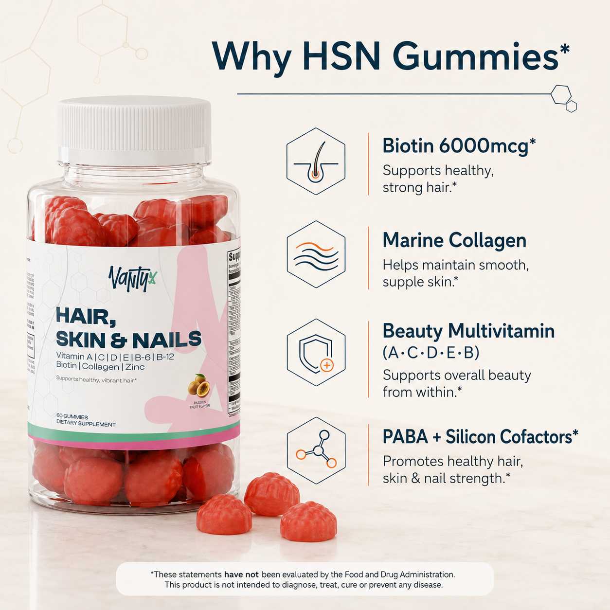 Gomitas para el cabello, la piel y las uñas Vantyx — Biotina 6000mcg + Colágeno + Multivitamínico · 60 Gomitas Sabor Maracuyá