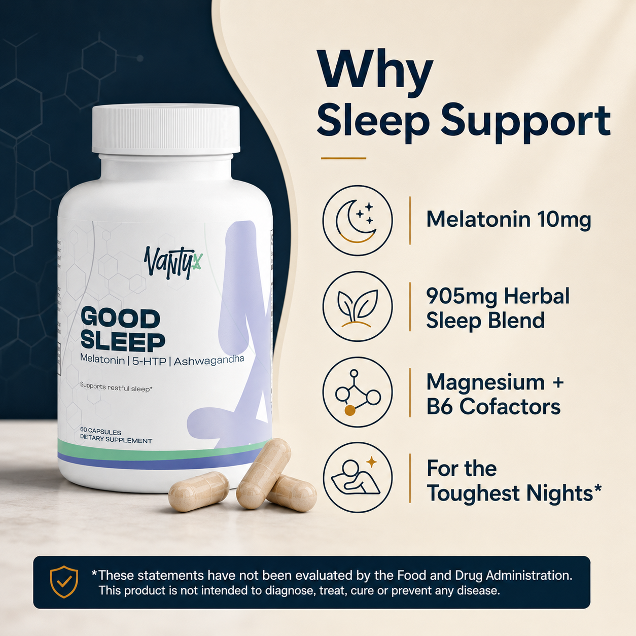 Good Sleep Capsules Vantyx — Melatonin 10mg + 13-Ingredient Sleep Blend · 60 Capsules