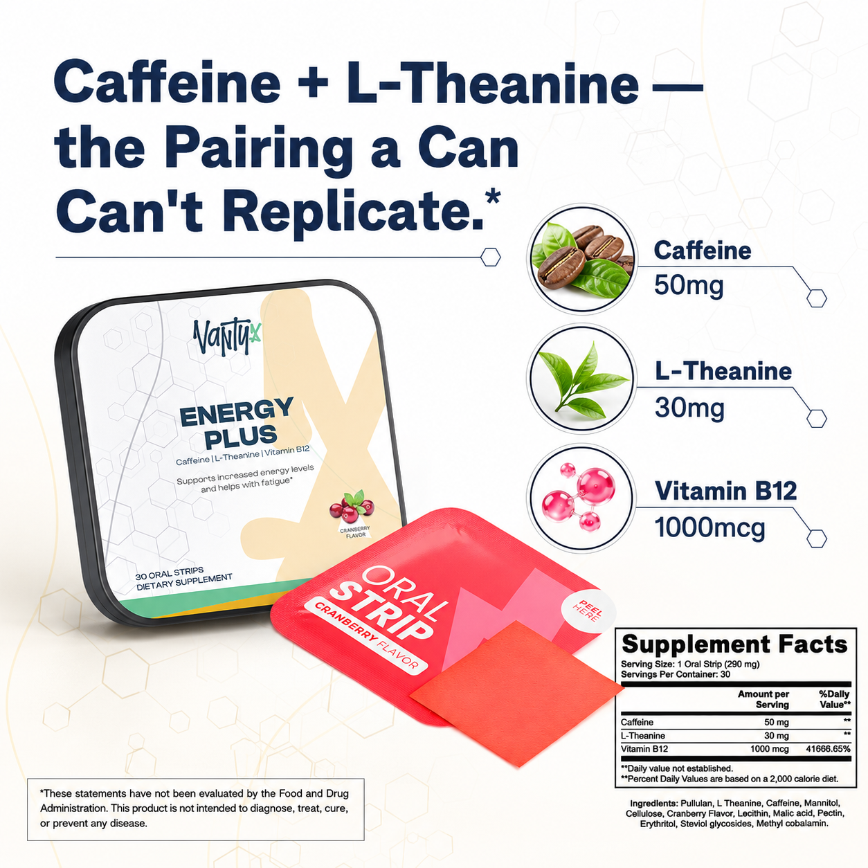 Energy Plus Strips Vantyx — Caffeine + L-Theanine + B12 Oral Strips · 30 Cranberry Strips