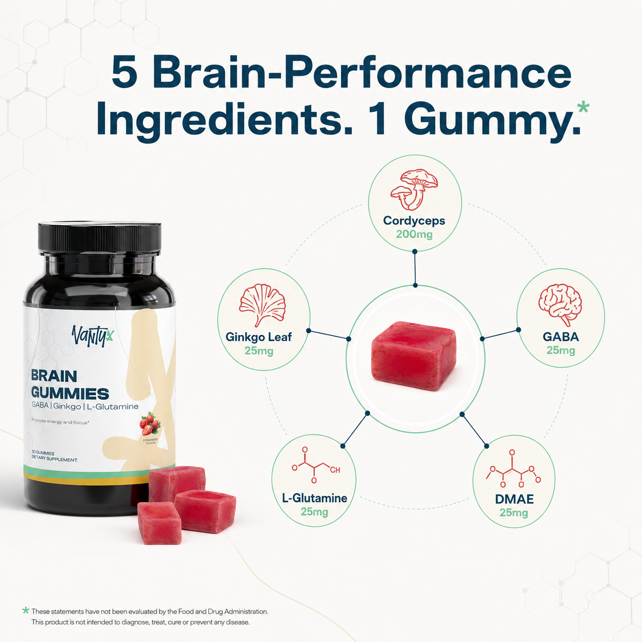 Vantyx Brain Gummies — Cordyceps, GABA, Ginkgo & DMAE Complex · 30 Strawberry Gummies