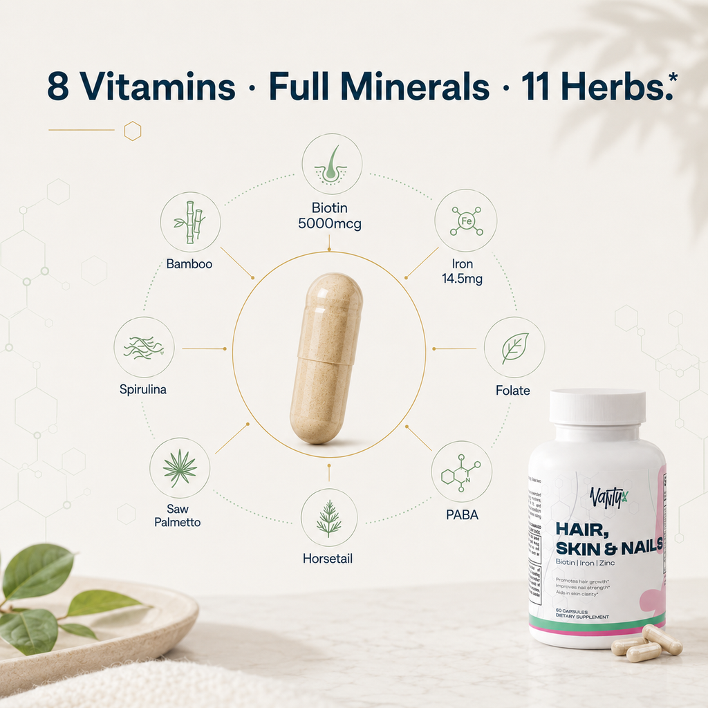 Hair, Skin & Nails Essentials Vantyx — Multivitamin + Iron + Biotin 5000mcg + Botanical Blend · 60 Capsules