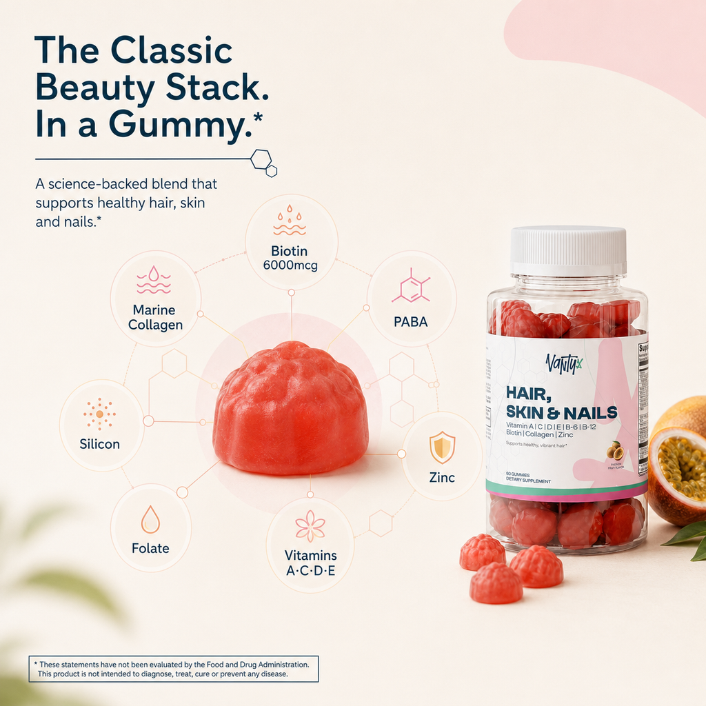Hair, Skin & Nails Gummies  Vantyx — Biotin 6000mcg + Collagen + Multivitamin · 60 Passion Fruit Gummies