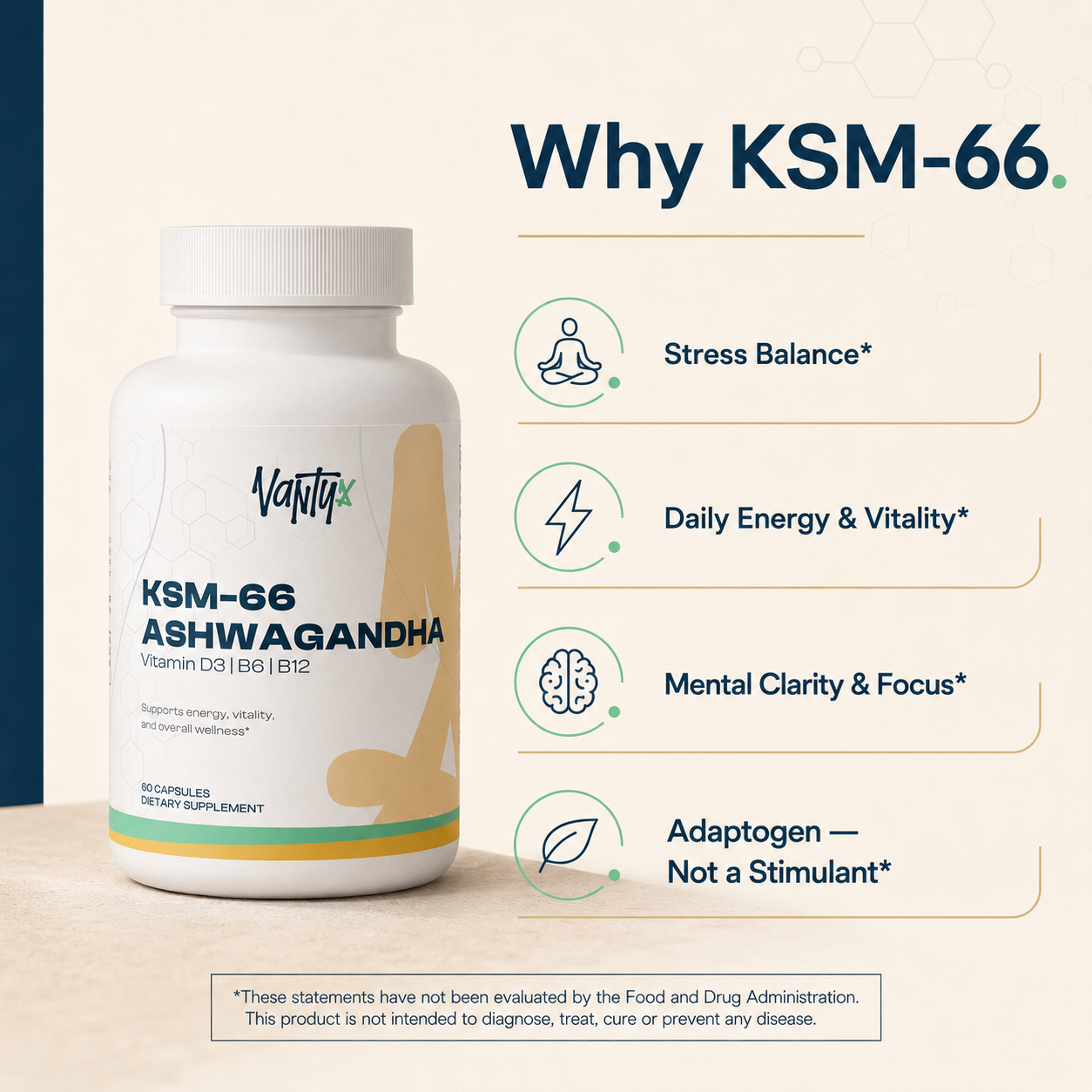 Vantyx Ashwagandha KSM-66 — Full-Spectrum Root Extract · 60 Vegetarian Capsules