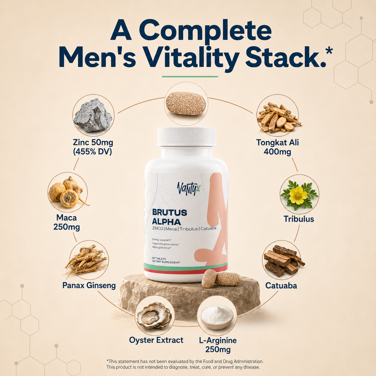 Brutus Alpha Vantyx — Men's Vitality Tablets with Tongkat Ali, Maca, Tribulus & Zinc · 60 Tablets