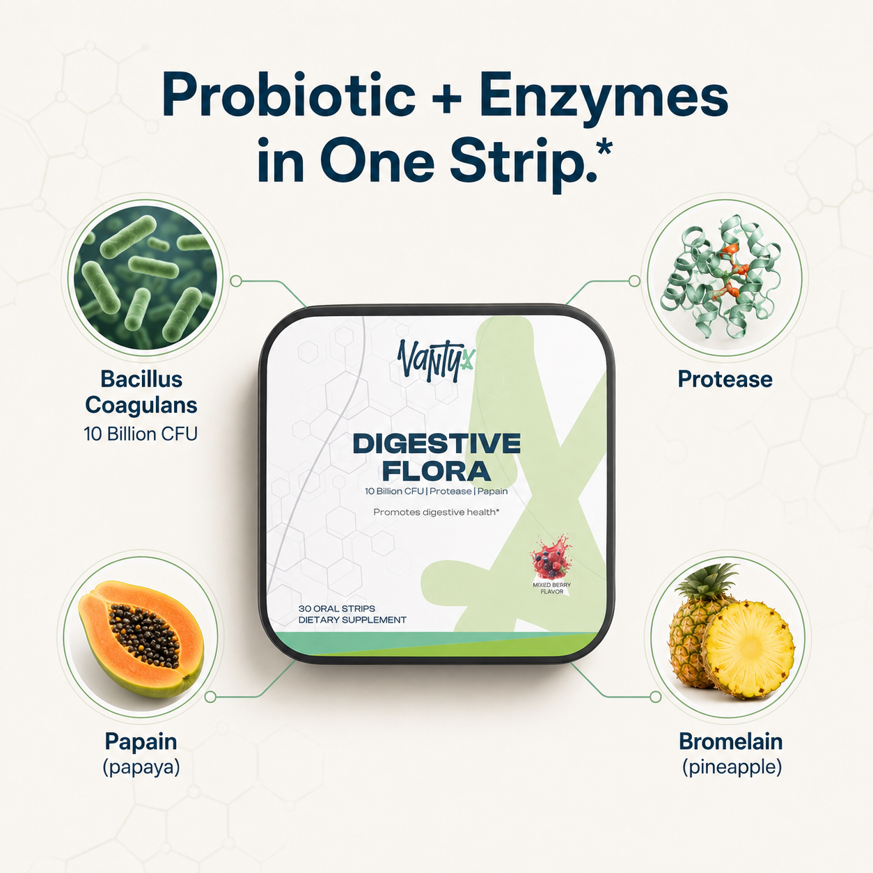 Digestive Flora-MAX Gut Health Strips Vantyx — 10 Billion CFU Bacillus Coagulans + Enzyme Blend · 30 Mixed Berry Oral Strips