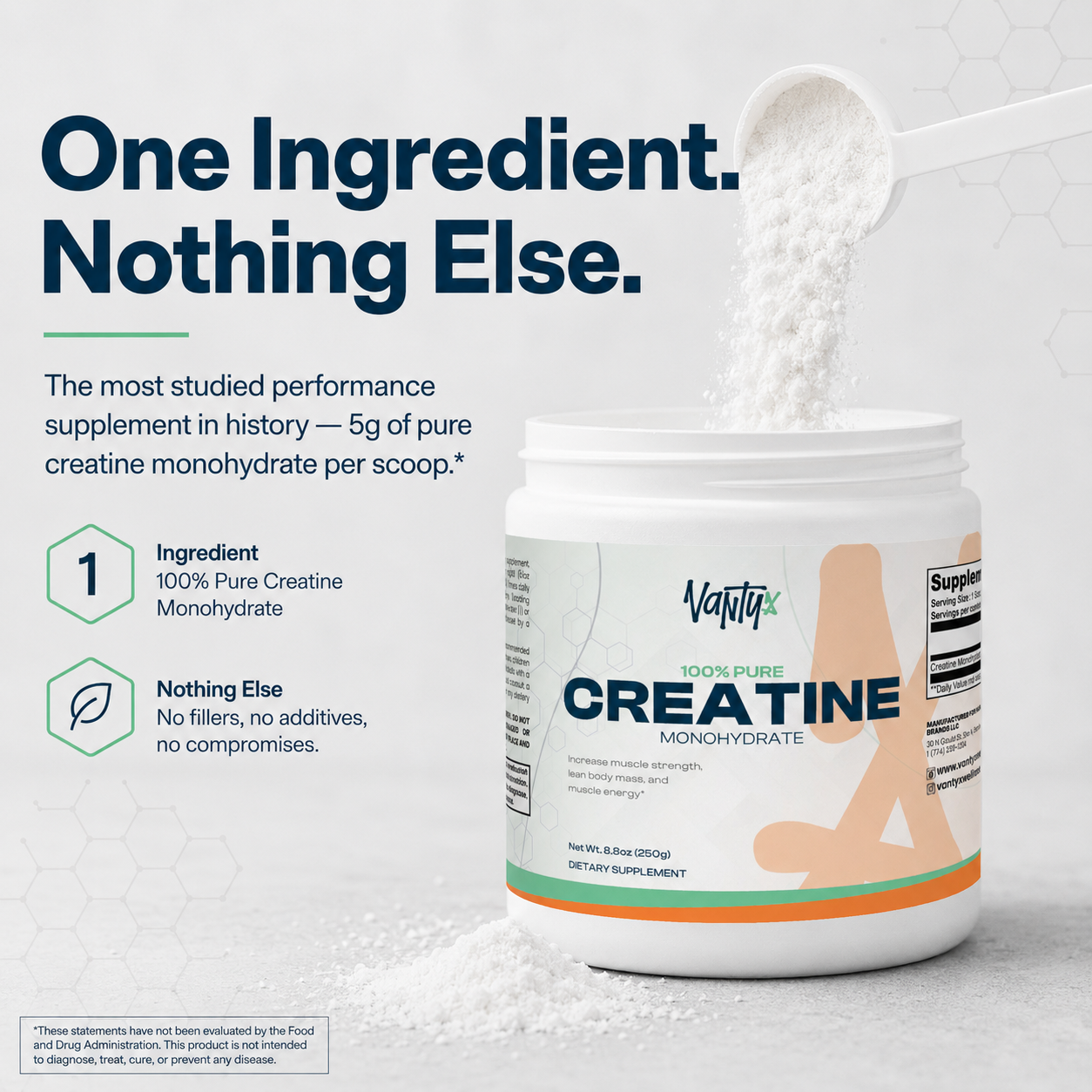 Creatine Monohydrate 100% Pure Vantyx — 5g per Scoop · 250g (50 Servings) · Unflavored