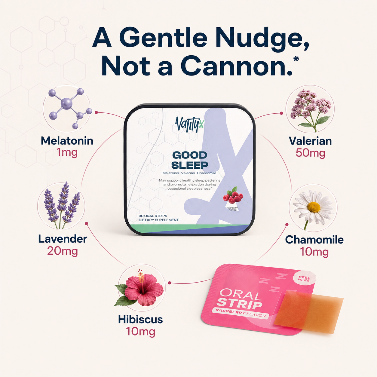 Good Sleep Strips Vantyx — Melatonin + Valerian + Lavender + Chamomile · 30 Raspberry Oral Strips
