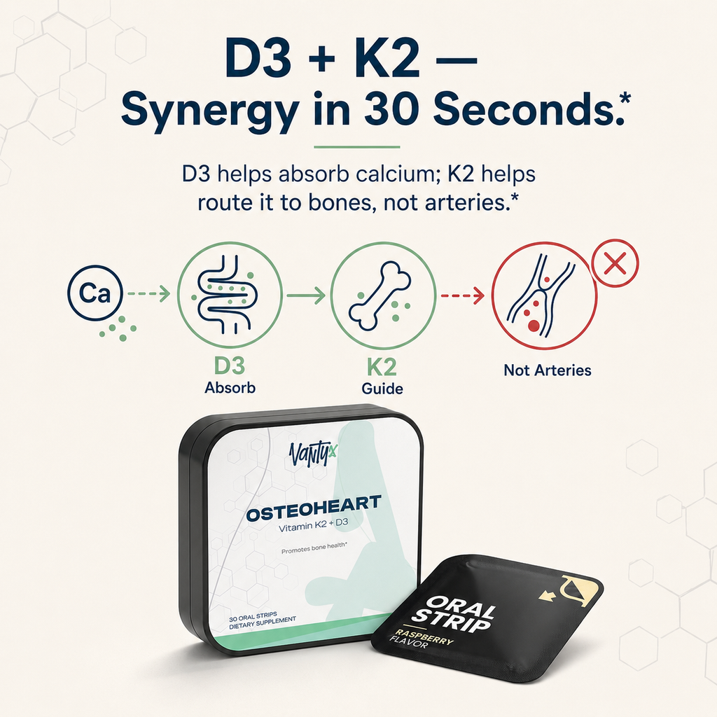 Osteoheart Bone Support Strips Vantyx — Vitamin D3 2000 IU + K2 120mcg · 30 Raspberry Oral Strips