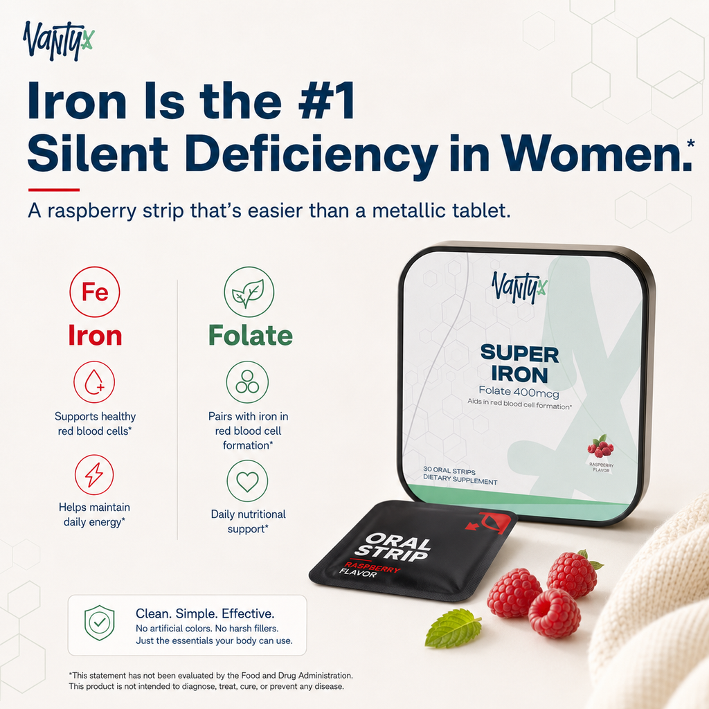 Super Iron Oral Strips Vantyx — Iron + Folate · 30 Raspberry Oral Strips