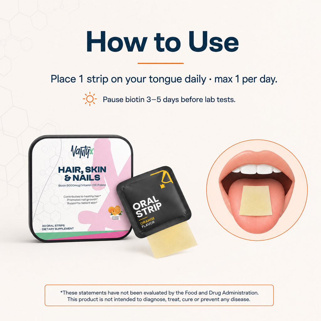 Hair, Skin & Nails Strips Vantyx — Biotin 5000mcg + Vitamin D3 + Folate · 30 Orange Oral Strips