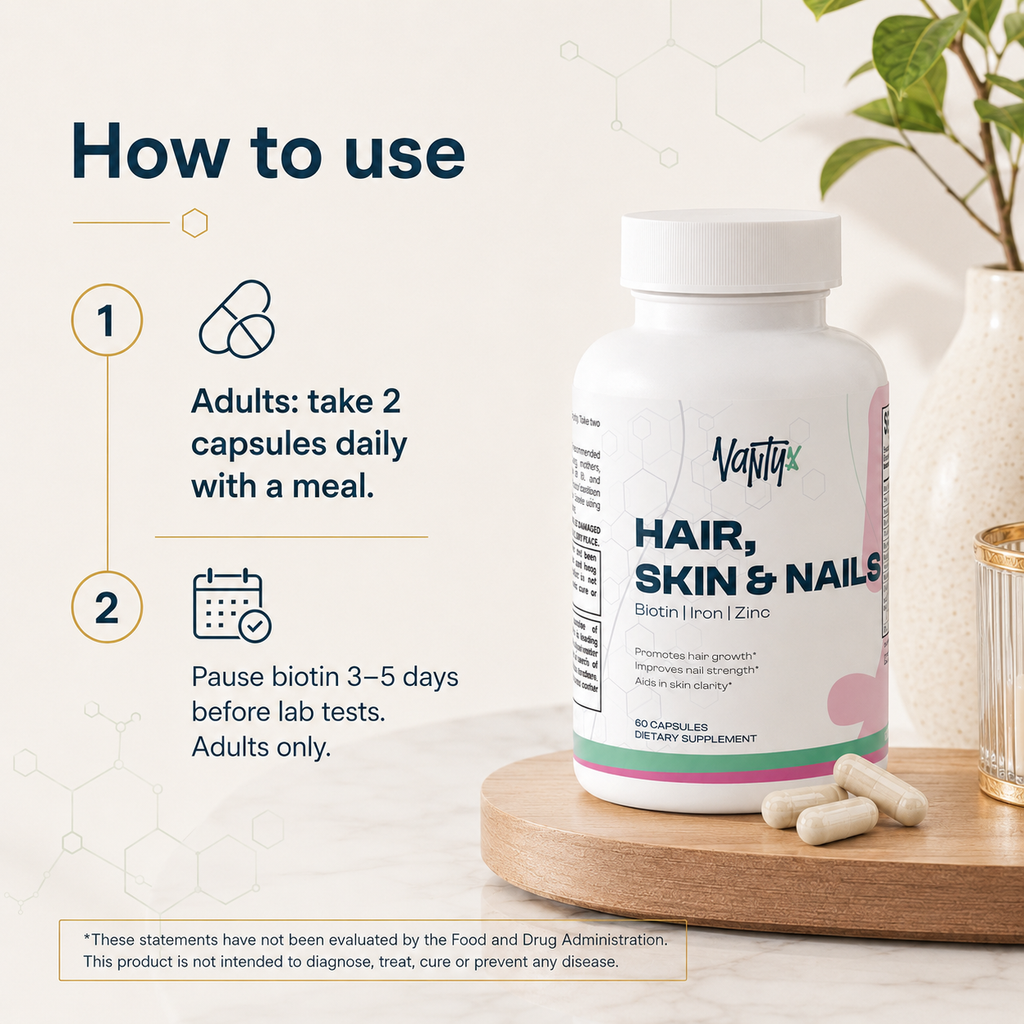 Hair, Skin & Nails Essentials Vantyx — Multivitamin + Iron + Biotin 5000mcg + Botanical Blend · 60 Capsules