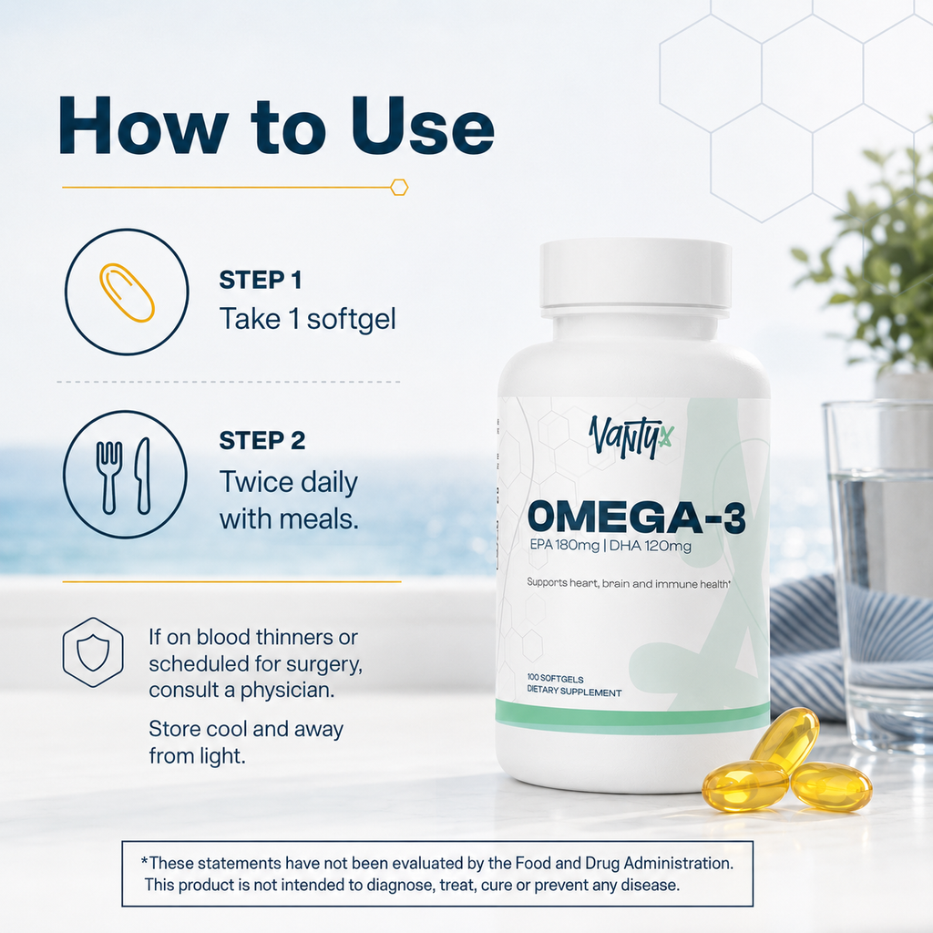 Omega-3 Fish Oil 1,000mg — EPA 180mg + DHA 120mg · Heart, Brain & Immune · 100 Softgels