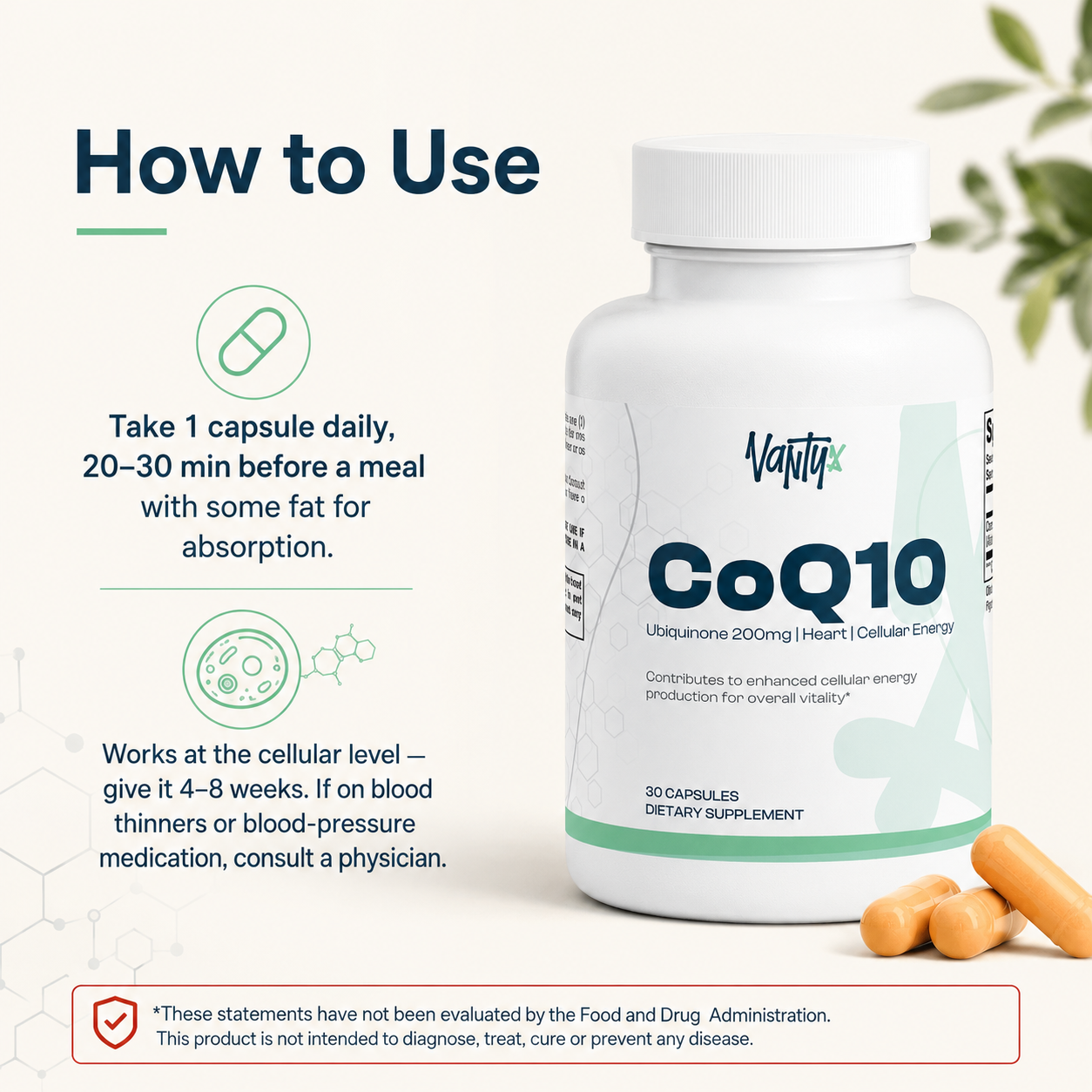 CoQ10 200mg Ubiquinone — High-Potency Once-Daily Capsules · 30 Count