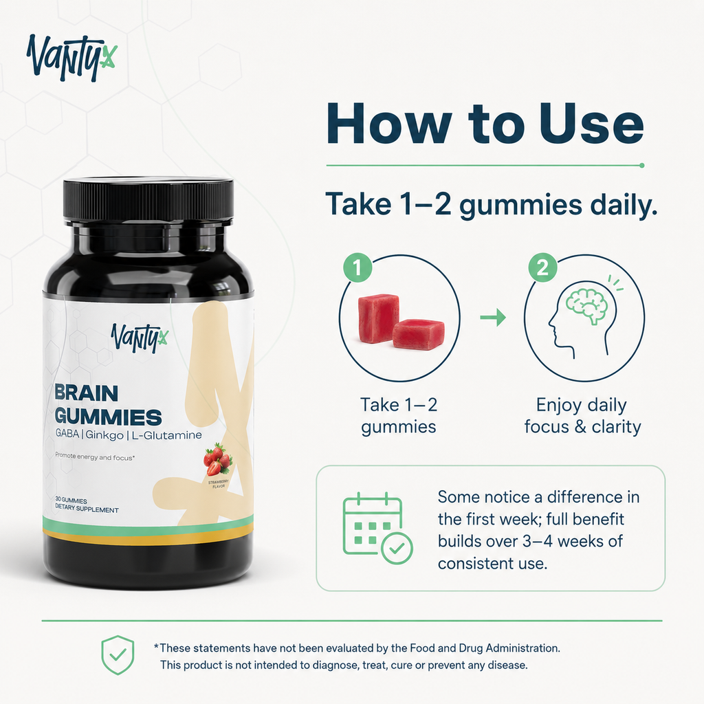Brain Gummies Vantyx — Complejo energético de Cordyceps con GABA, Ginkgo y DMAE · 30 gomitas de fresa