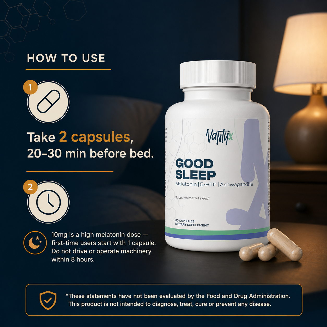 Good Sleep Capsules Vantyx — Melatonin 10mg + 13-Ingredient Sleep Blend · 60 Capsules