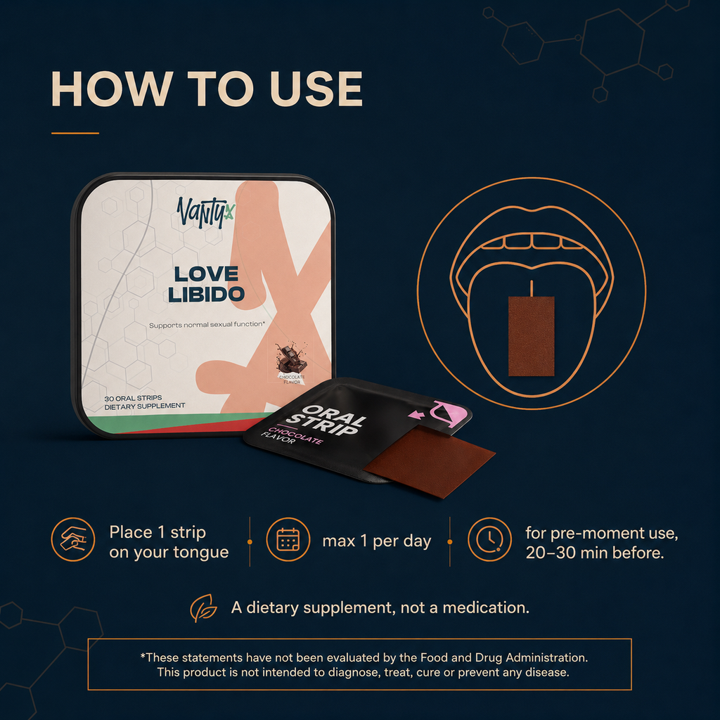 Love Libido Strips Vantyx — Oral Strips with Cordyceps, Shilajit & Oyster Peptide · 30 Chocolate Strips