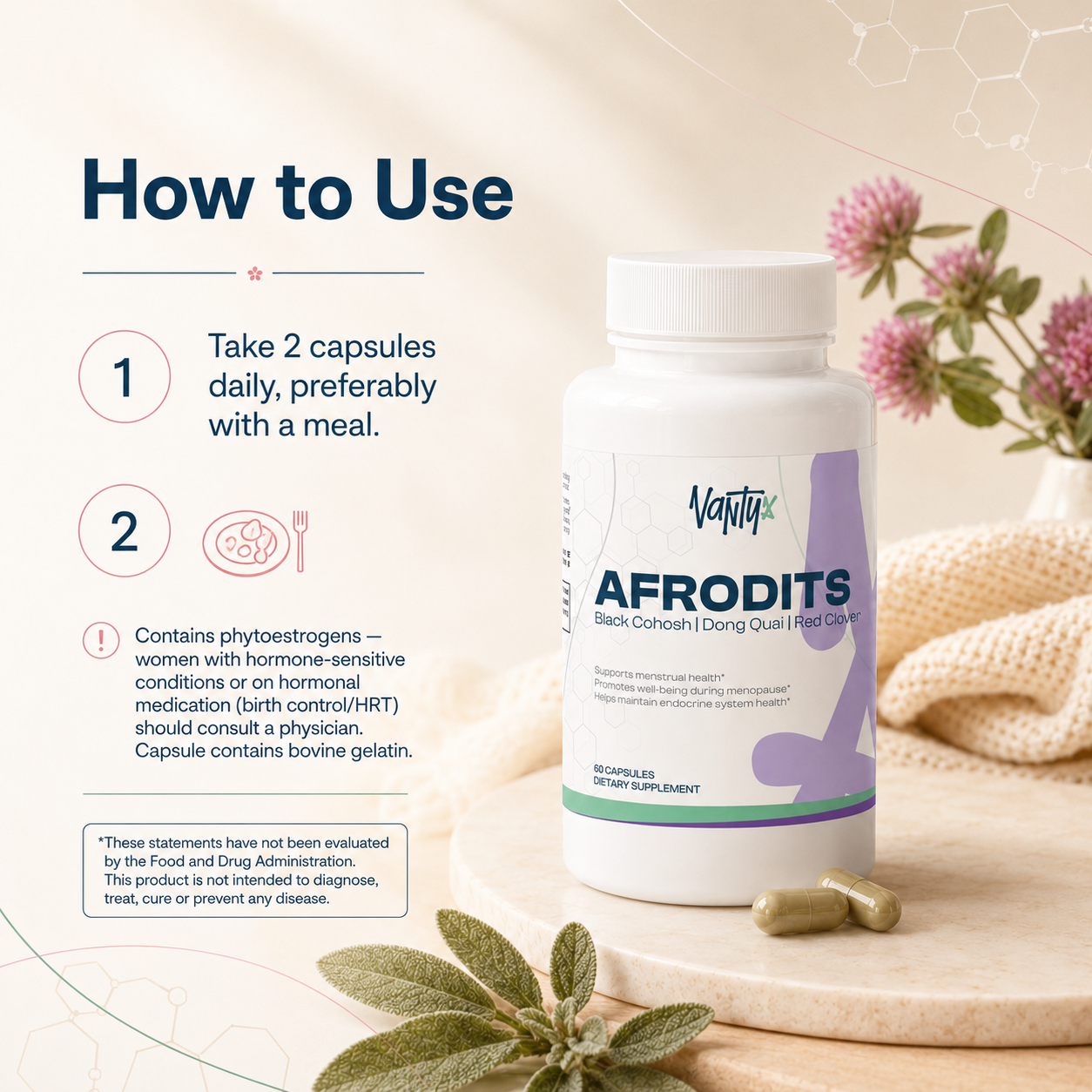 Vantyx Afrodits — Black Cohosh, Dong Quai, Red Clover & Chasteberry Blend · 60 Capsules