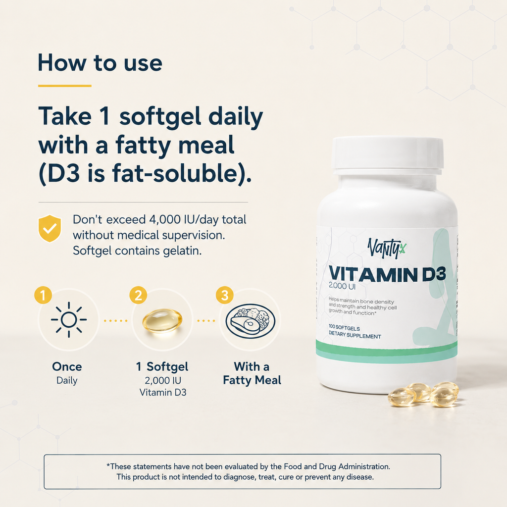 Vitamin D3 2,000 IU Vantyx — Bone, Immune & Daily Wellness · 100 Softgels (100-day supply)