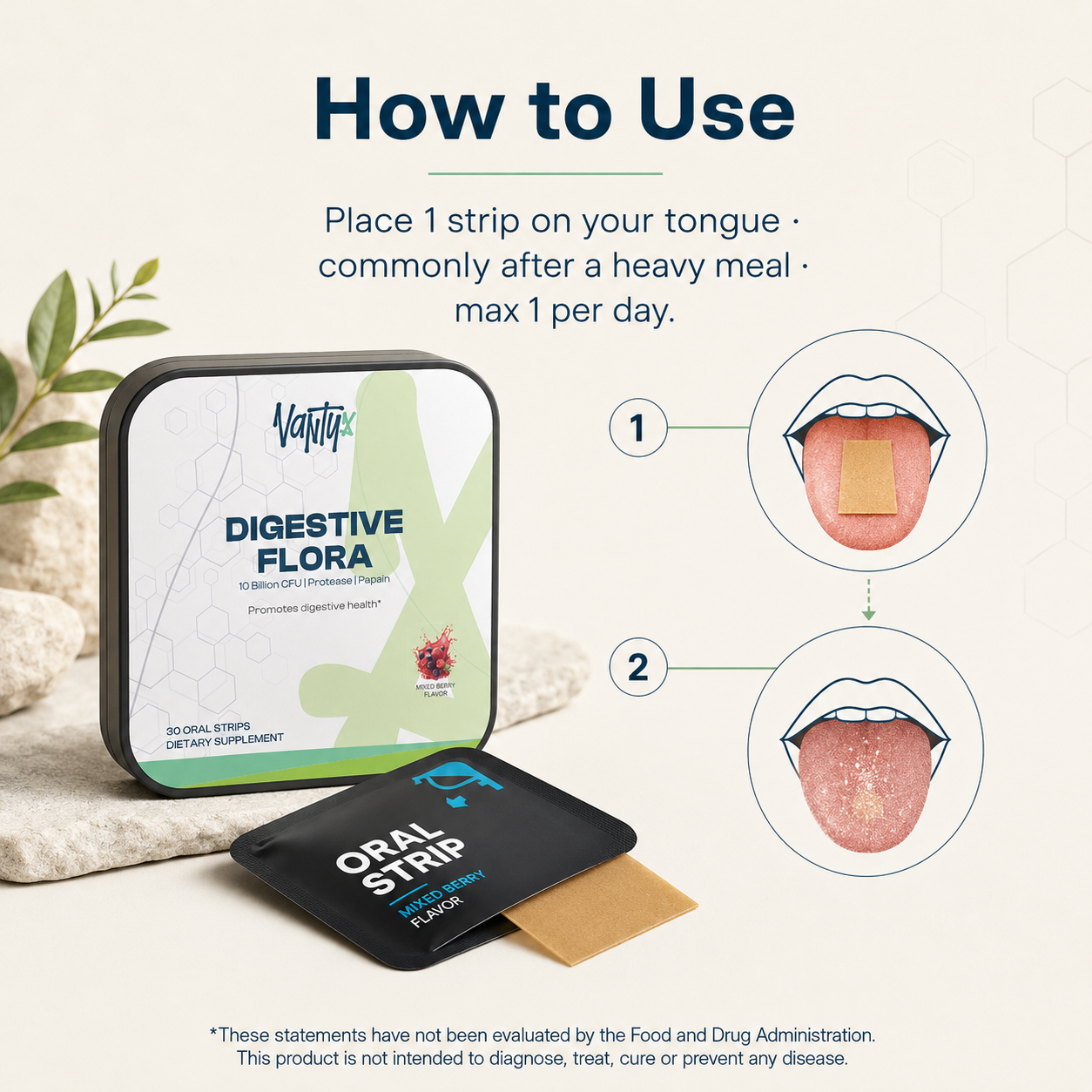 Digestive Flora-MAX Gut Health Strips Vantyx — 10 Billion CFU Bacillus Coagulans + Enzyme Blend · 30 Mixed Berry Oral Strips